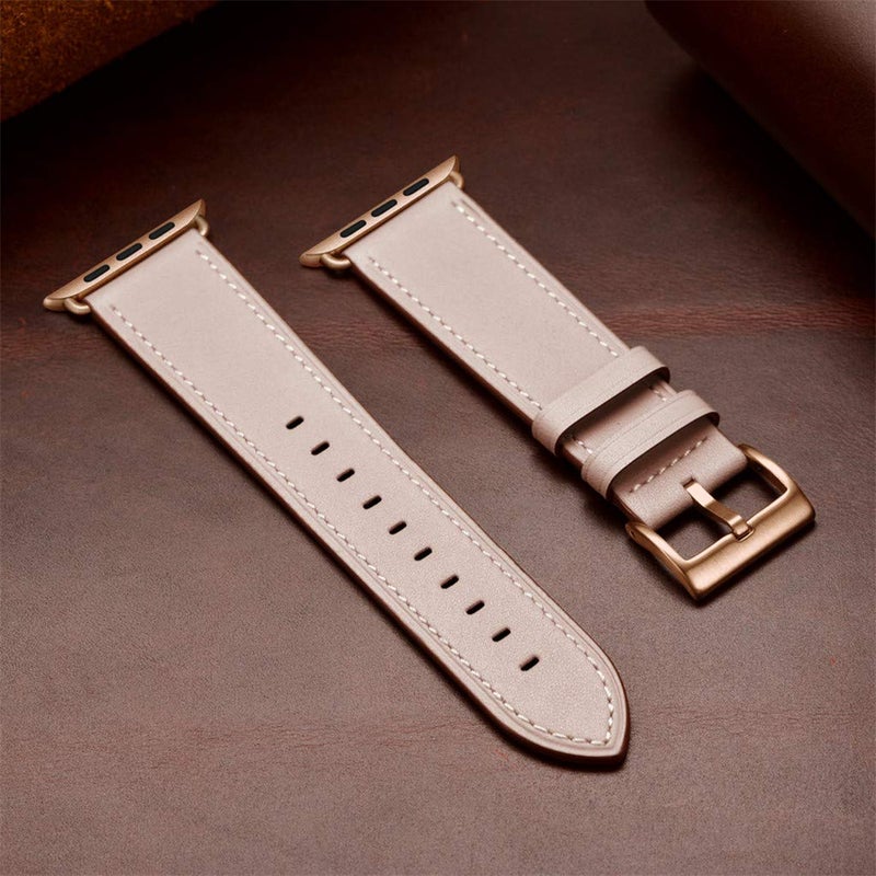 OUHENG Leather Bands Compatible with Apple Watch Band 49mm/46mm/45mm/44mm/42mm, Genuine Leather Strap for iWatch Series 11/10/9/8/7/6/5/4/3/2/1 & Ultra 3/2/1 & SE3 SE2 SE, Pink Sand/Rose Gold - Image 5